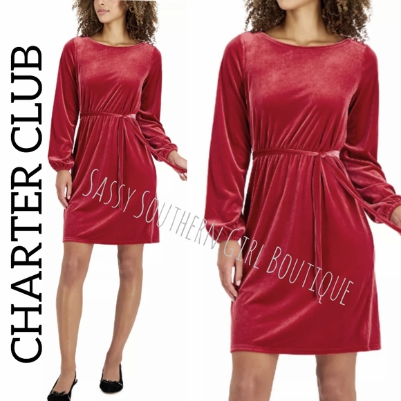 🆕⭐ Charter Club Deep Red Velvet Fit And Flare Dress - Picture 1 of 13